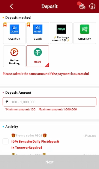 Step 1: Select payment method with USDT.