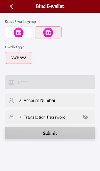 Step 2: Enter your PayMaya account number and set a transaction password. 